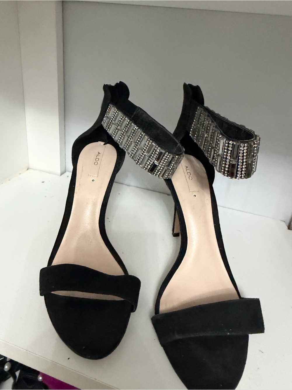 Aldo Black Suede Evening Ankle-Strap Heels with Rhinestone Detail